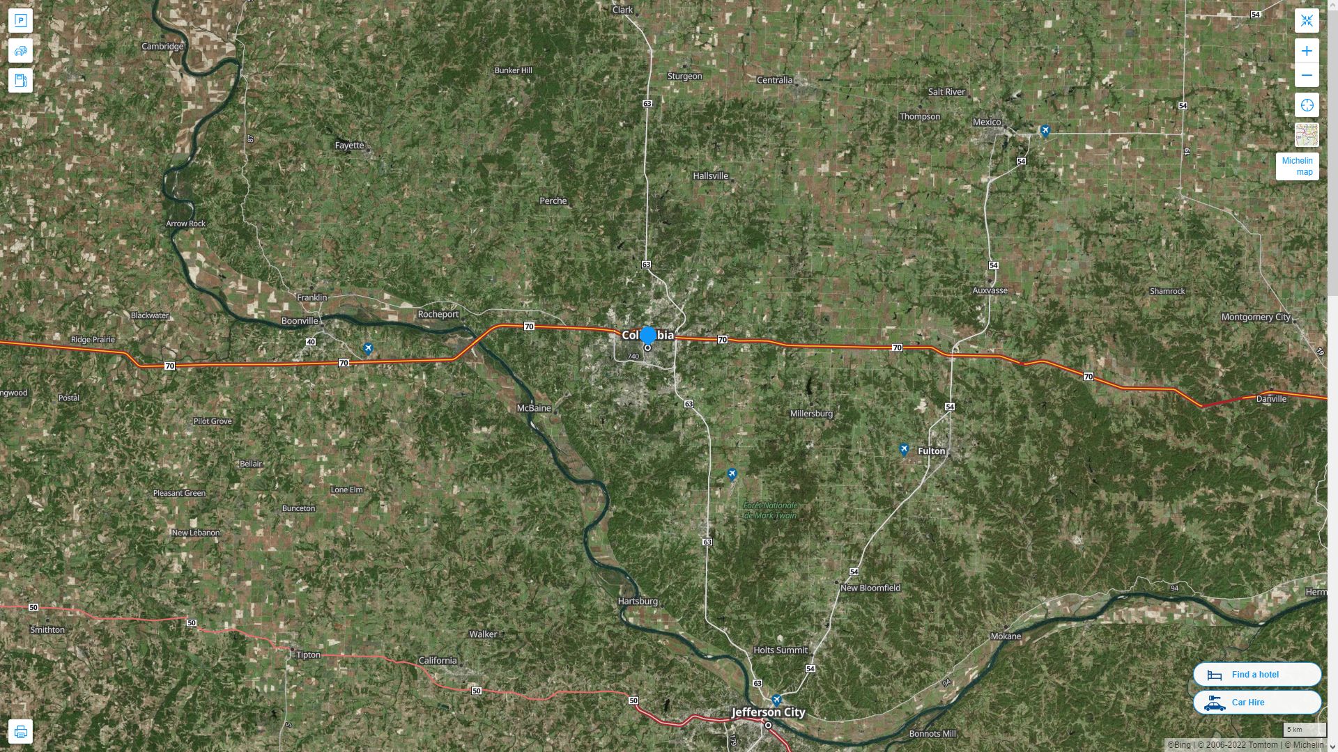 Columbia Missouri Highway and Road Map with Satellite View